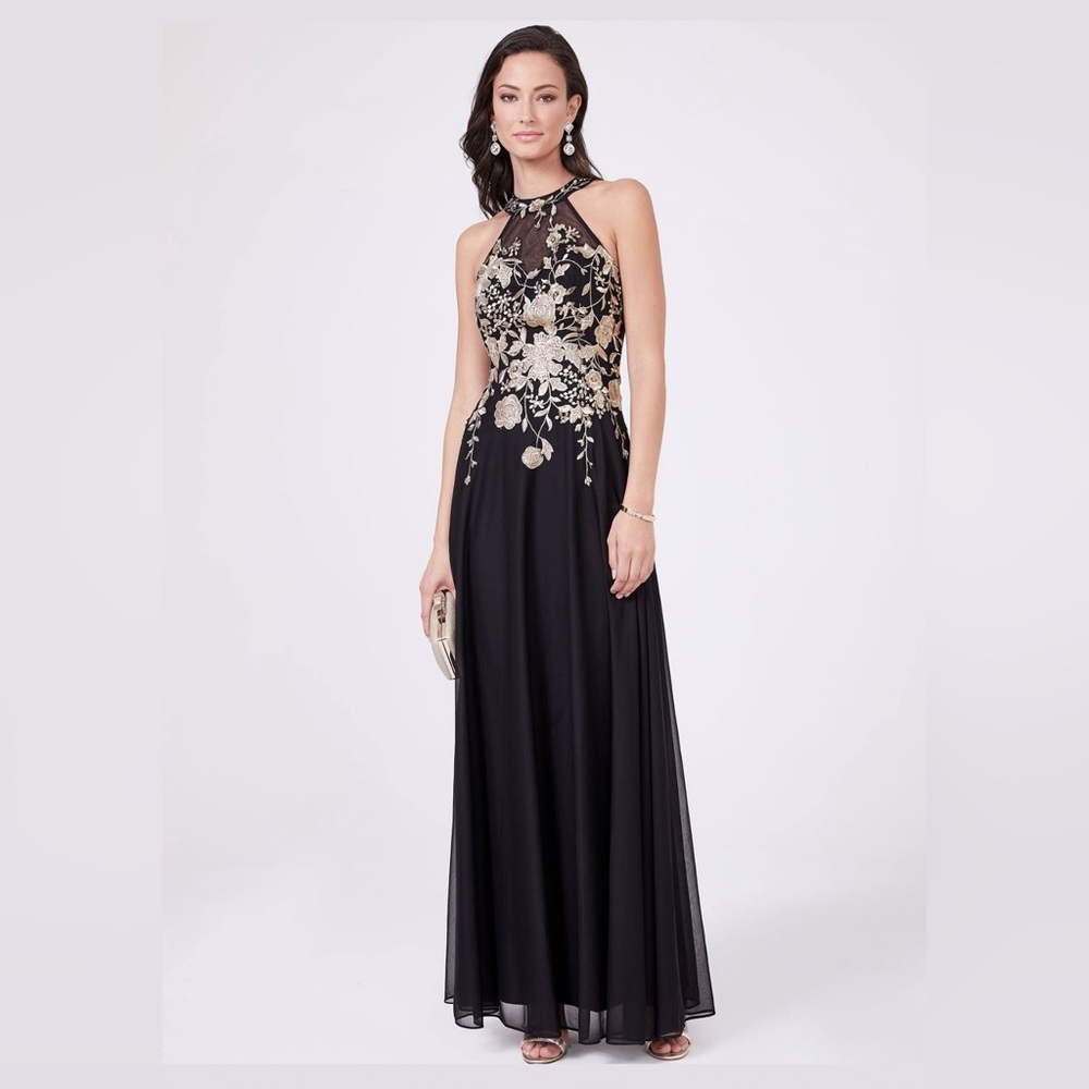CACHET | mock neck chiffon blk/gold gown/prom dress/military ball/gala/formal